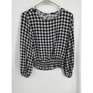 KOAJ Black White Houndstooth Smocked Hem Blouse Small‎ Long Sleeve Keyhole Back